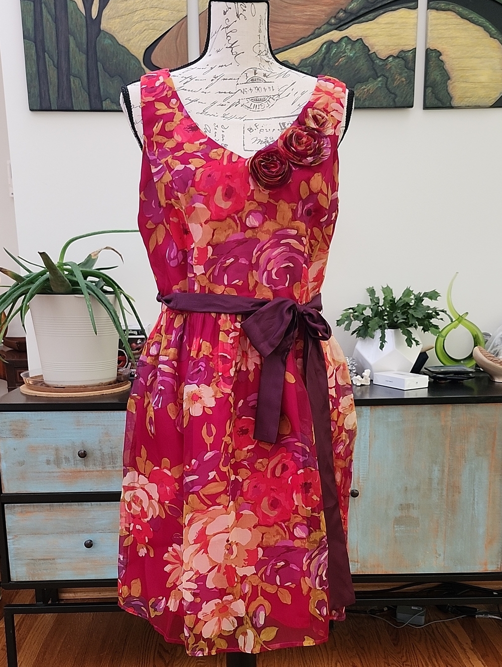 BURLAPP Marques Silk Florial Midi Dress - Red/Berry - NWT